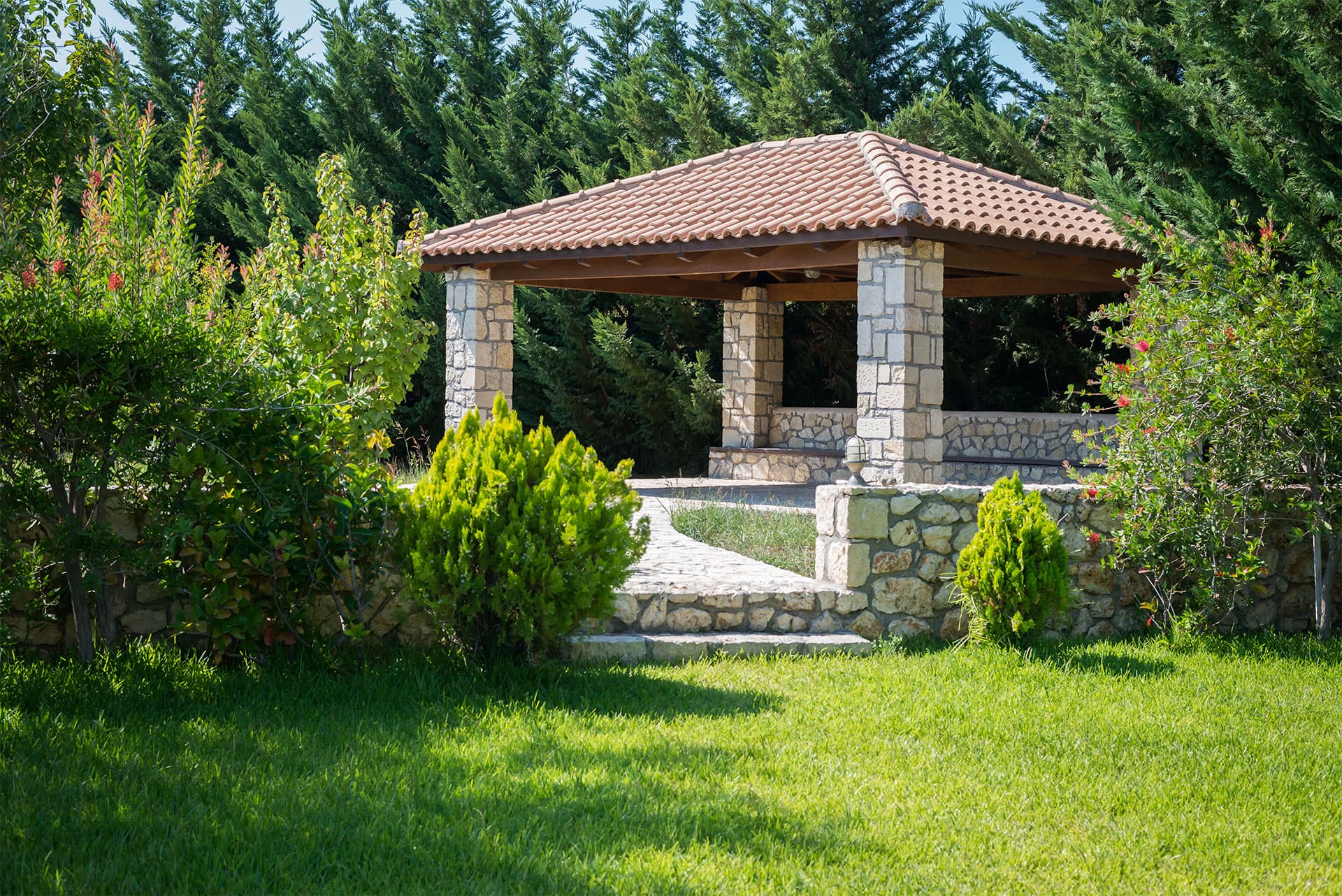 the kiosk in the green landscape